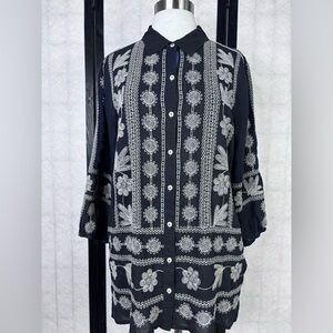 Johnny Was Black Shirt with White Embroidery L